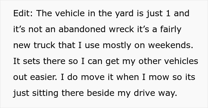 Text detailing a homeowner's explanation about a vehicle in his yard, free of HOA rules Text detailing a homeowner's explanation about a vehicle in his yard, free of HOA rules