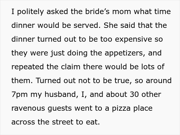 Screenshot of text about wedding guests leaving for pizza after discovering only appetizers were planned, not dinner. Screenshot of text about wedding guests leaving for pizza after discovering only appetizers were planned, not dinner.