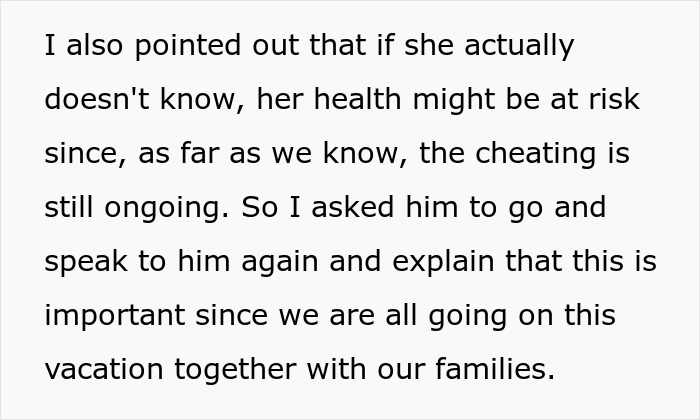 Text detailing a guy's affair, health risks, and the upcoming group vacation with cheaters. Text detailing a guy's affair, health risks, and the upcoming group vacation with cheaters.