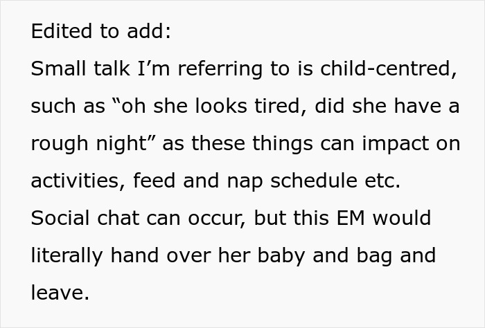 Text explaining a nanny's expectation of child-centered communication versus an entitled parent's dismissive reaction.