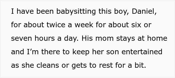 Text explaining a babysitter's routine: caring for a boy named Daniel a few times a week.