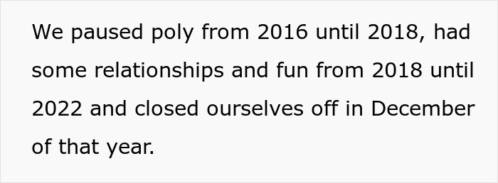 Poly wife paused polyamory from 2016-2018, had relationships from 2018-2022, then closed off. Poly wife paused polyamory from 2016-2018, had relationships from 2018-2022, then closed off.