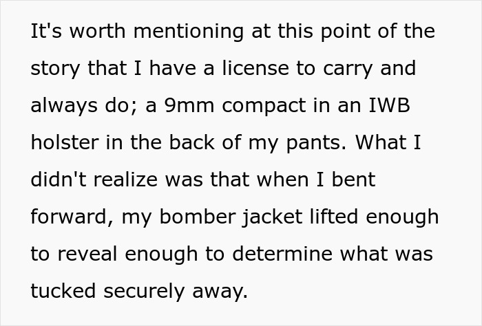 Text about shopper accused of having weapon: a 9mm compact in an IWB holster in the back of my pants.