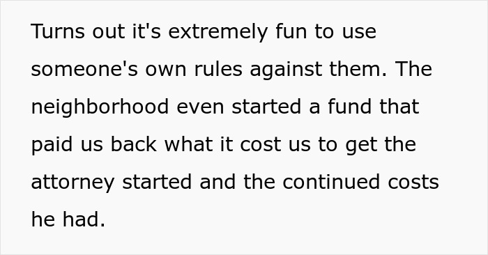 Text explaining how a neighborhood created a fund to help a homeowner fight back against an HOA. Text explaining how a neighborhood created a fund to help a homeowner fight back against an HOA.