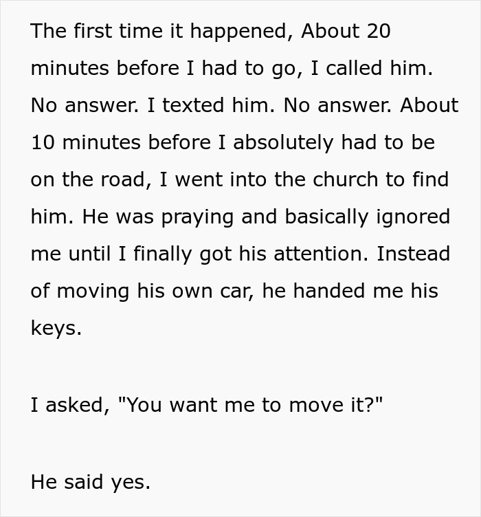 Churchgoer's Longtime Parking Habit Backfires When Driver Refuses To Clear The Way For His Car Churchgoer's Longtime Parking Habit Backfires When Driver Refuses To Clear The Way For His Car