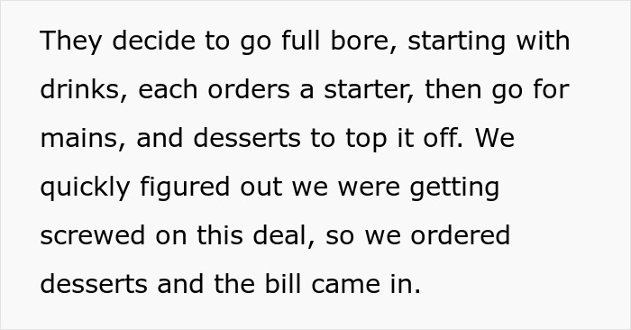 Text describing the couple realizing their dinner companions expect them to pay the bills, choosing to order desserts and ask for the bill. Text describing the couple realizing their dinner companions expect them to pay the bills, choosing to order desserts and ask for the bill.