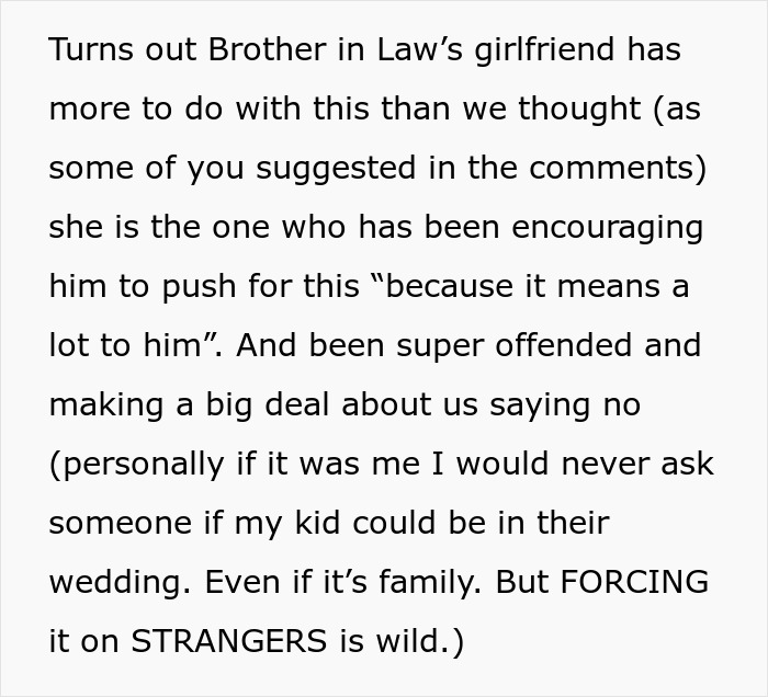 A screenshot of text discussing a wedding dispute involving a brother-in-laws girlfriend and a family conflict. A screenshot of text discussing a wedding dispute involving a brother-in-laws girlfriend and a family conflict.