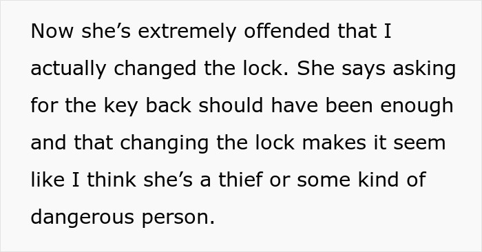 A screenshot showing text where the sister is offended by the bro changing home locks, feeling accused. A screenshot showing text where the sister is offended by the bro changing home locks, feeling accused.