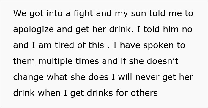 A screenshot of text about MIL refusing to get DIL's coffee order, and her son demanding an apology.