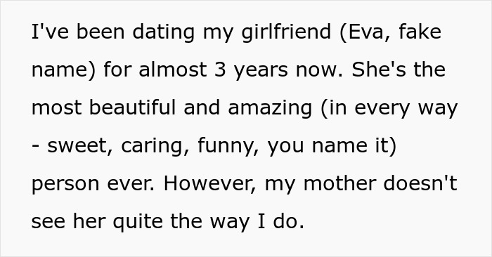Screenshot of text about a boyfriend's girlfriend with vitiligo and his mother's dislike.