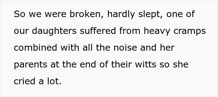 Screenshot of text explaining the toll on new parents and their daughter due to a rude neighbor's noise. Screenshot of text explaining the toll on new parents and their daughter due to a rude neighbor's noise.