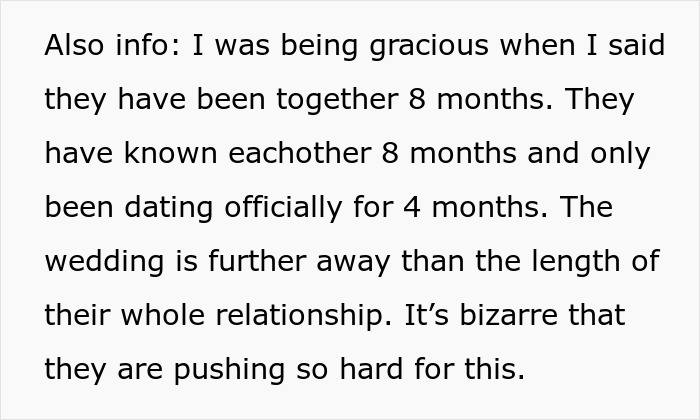 A screenshot of text detailing how short the relationship was before the wedding, highlighting a family wedding dispute. A screenshot of text detailing how short the relationship was before the wedding, highlighting a family wedding dispute.