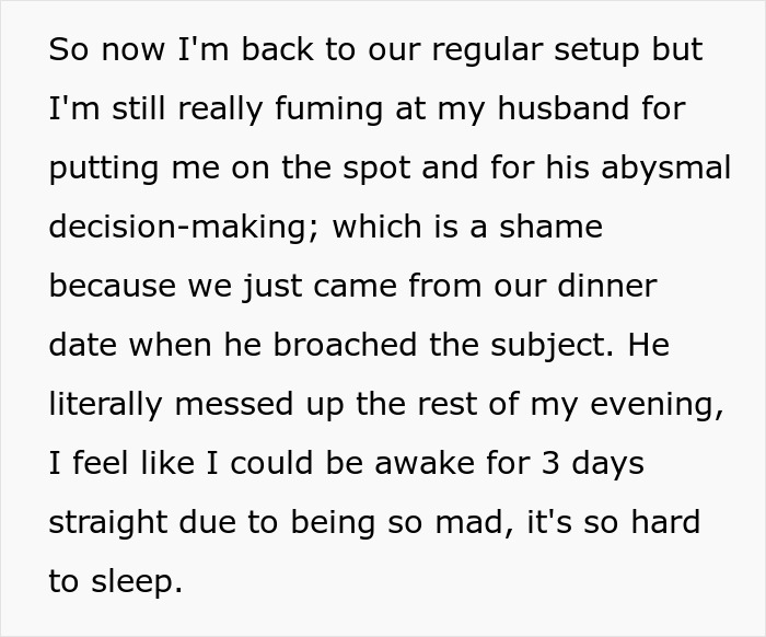 Text snippet: a wife fumes over her husband's abysmal decision-making, impacting her marital bed and in-laws.