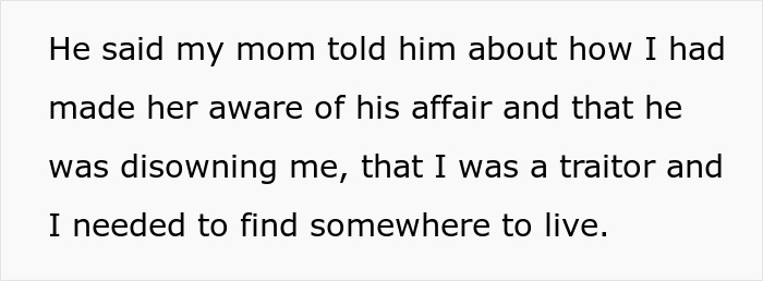 Text snippet: Dad disowning daughter after she made mom aware of his affair, suspecting dad is tampering with her dessert.