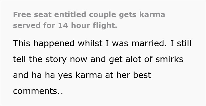 Text describing elderly passengers getting karma for stealing couple's seats on a 14-hour flight. Text describing elderly passengers getting karma for stealing couple's seats on a 14-hour flight.