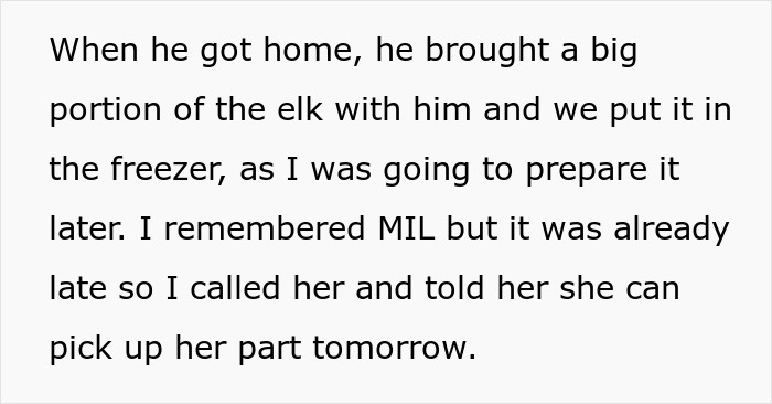 Text explaining a hunter's wife setting aside meat for his mom. This is about a hunter's mom wanting meat. Text explaining a hunter's wife setting aside meat for his mom. This is about a hunter's mom wanting meat.