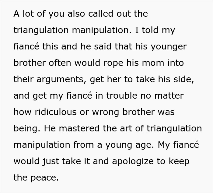 A screenshot of a Reddit post update about a wedding dispute, discussing in-laws and triangulation manipulation. A screenshot of a Reddit post update about a wedding dispute, discussing in-laws and triangulation manipulation.