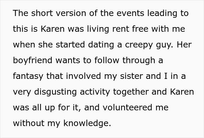 Screenshot detailing how the half-sis, living rent-free, agreed to a creepy fantasy, taunting infertility.