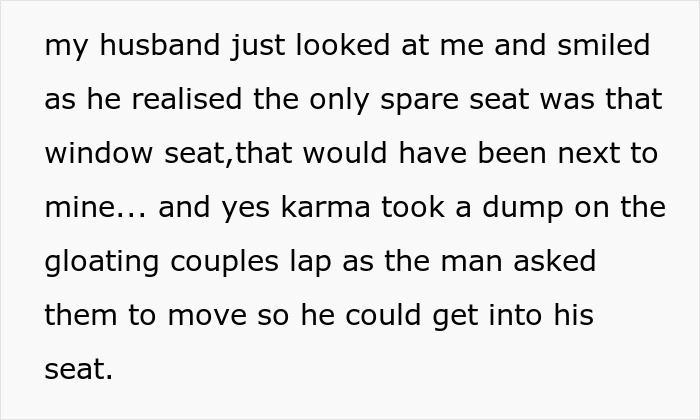Elderly passengers realize a very large man is assigned next to them, regretting stealing couple’s seats. Elderly passengers realize a very large man is assigned next to them, regretting stealing couple’s seats.