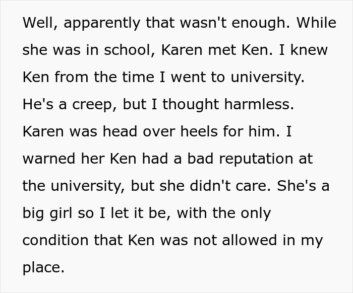 Text explaining a woman's infertility, taunted by her half-sis, months before considering her a great mom.