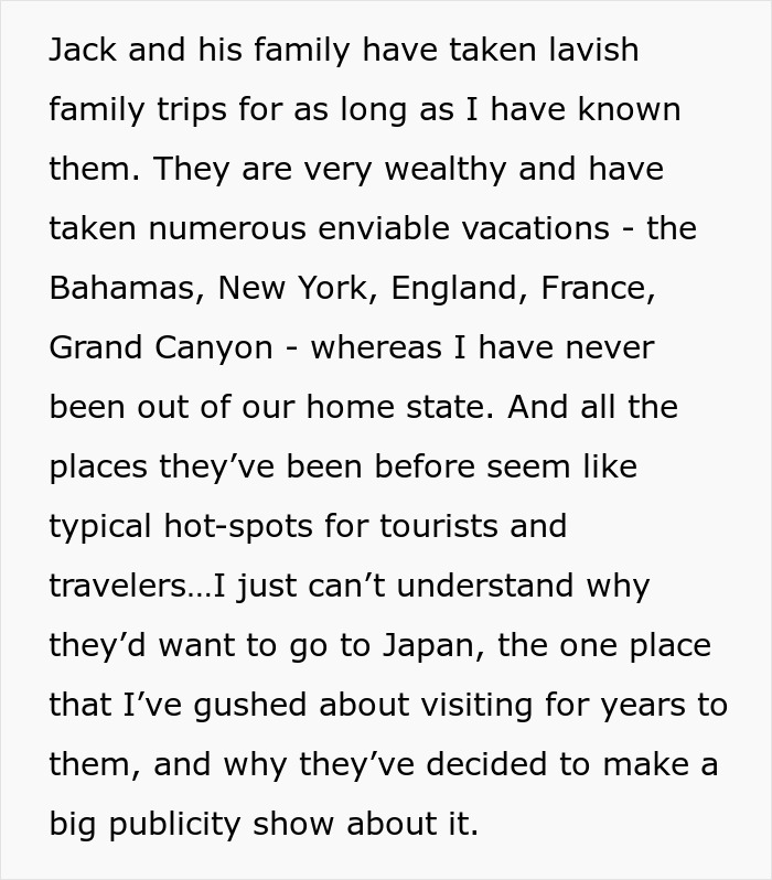 A woman reflects on her boyfriend's family's cruel plan to exclude her from their dream trip. A woman reflects on her boyfriend's family's cruel plan to exclude her from their dream trip.
