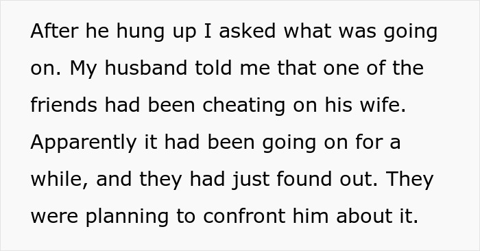 Text explaining a guy's affair gets exposed to friends before a group vacation, leading to a confrontation. Text explaining a guy's affair gets exposed to friends before a group vacation, leading to a confrontation.