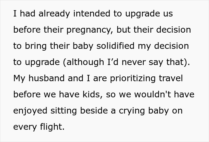 A woman decides to upgrade her flight tickets for a family trip, solidifying the choice after her MIL and SIL's baby news. A woman decides to upgrade her flight tickets for a family trip, solidifying the choice after her MIL and SIL's baby news.