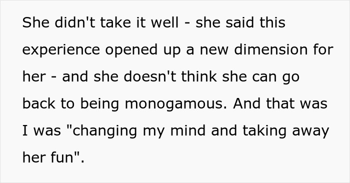 A screenshot of text explaining the wife's desire to remain non-monogamous, affecting the marriage.