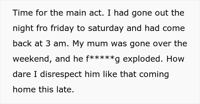 Text snippet about mom's new bf getting angry at son for coming home late. Text snippet about mom's new bf getting angry at son for coming home late.