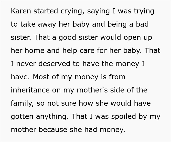 Text about half-sis taunting woman over her infertility, then wanting her to be a great mom to her baby.