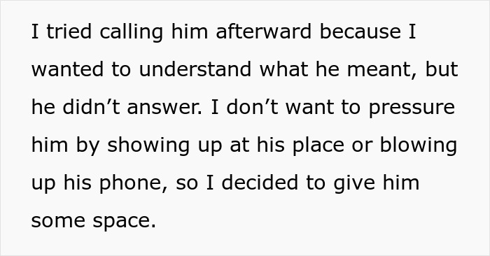 Screenshot of text showing the woman giving her bestie space after he pulls away after supporting her through divorce. Screenshot of text showing the woman giving her bestie space after he pulls away after supporting her through divorce.
