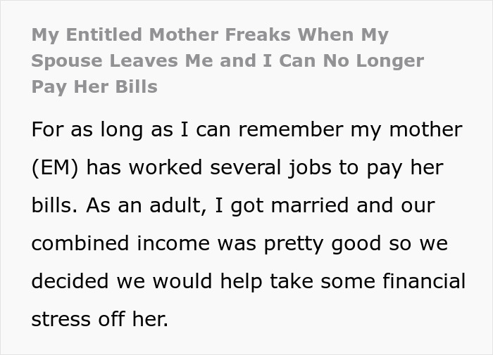 Screenshot of text about a selfish mom reacting to her son's debt after his wife leaves, and he can't pay her bills. Screenshot of text about a selfish mom reacting to her son's debt after his wife leaves, and he can't pay her bills.
