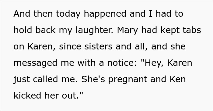 Text revealing half-sis Karen is pregnant after taunting a woman over infertility.