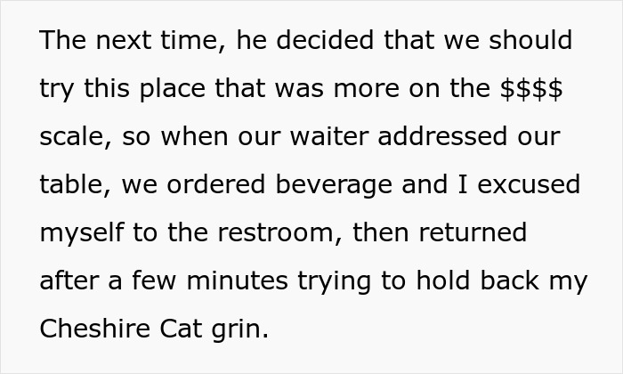 Text describing a plan to go to a high-end restaurant, highlighting the theme of neighbors paying bills. Text describing a plan to go to a high-end restaurant, highlighting the theme of neighbors paying bills.