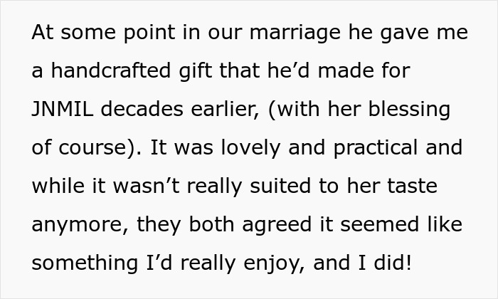 Text about a handcrafted gift given to the ex-DIL, originally made for the ex-MIL, symbolizing the disputed gift. Text about a handcrafted gift given to the ex-DIL, originally made for the ex-MIL, symbolizing the disputed gift.