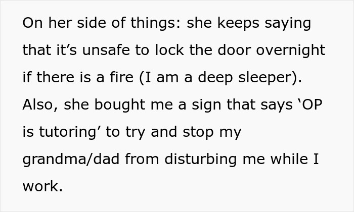 A controlling mom thinks it is unsafe to lock the door overnight due to fire concerns, buys daughter a sign. A controlling mom thinks it is unsafe to lock the door overnight due to fire concerns, buys daughter a sign.