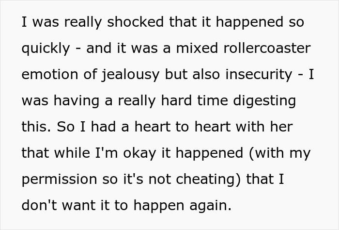 A screenshot of text about the guy's shock and jealousy, reflecting his feelings about his marriage.