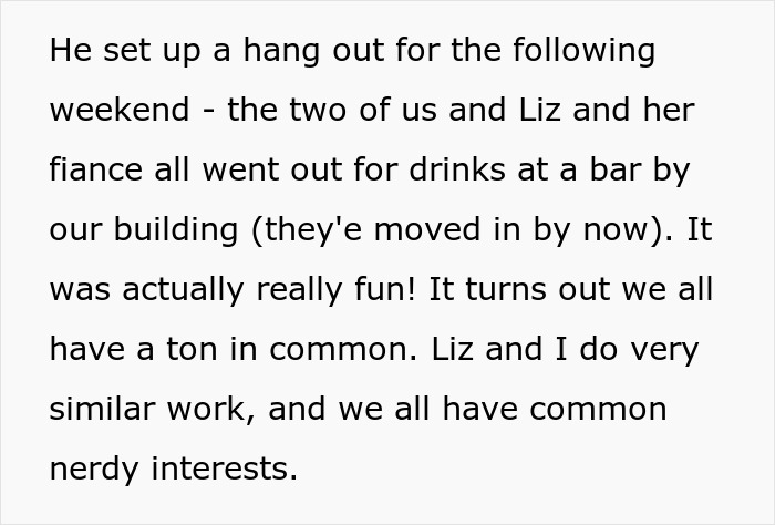 Text describing a double date where BF, GF, and female coworker with her fiance enjoy a hangout, highlighting new friendships.