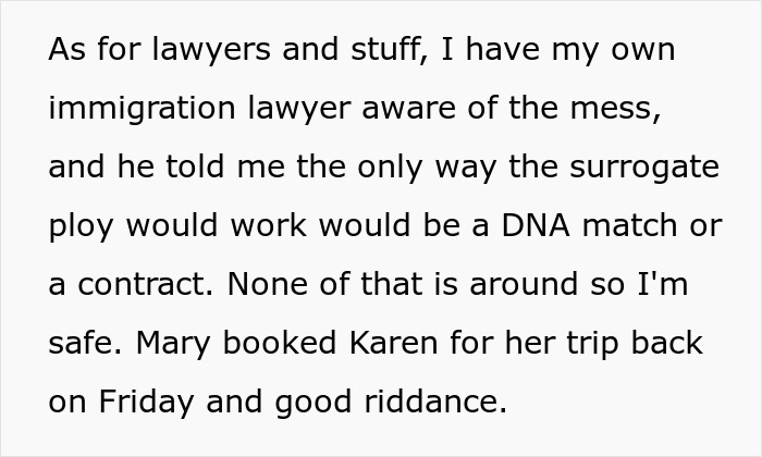 Text about half-sis and fertility, with an immigration lawyer discussing DNA match or contract.