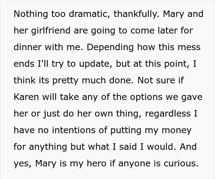 Text about a half-sister taunting a woman over infertility, then wanting her to be a great mom to her baby.