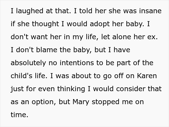 Text about half-sister taunting woman over infertility, later wanting her to be a great mom to her baby.