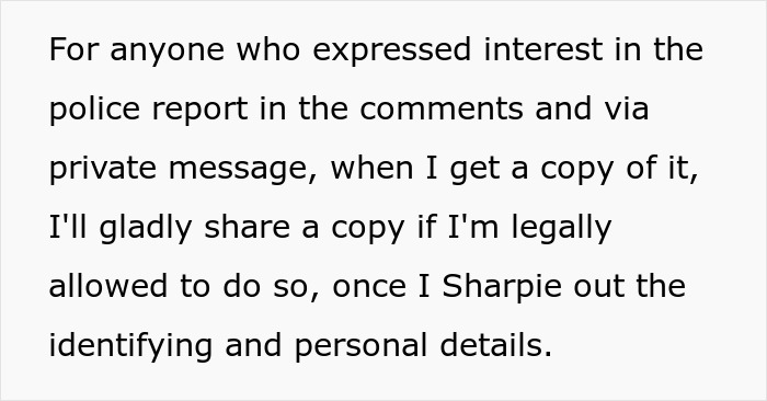 Text states a copy of the police report will be shared once personal details are redacted from the shopper incident.