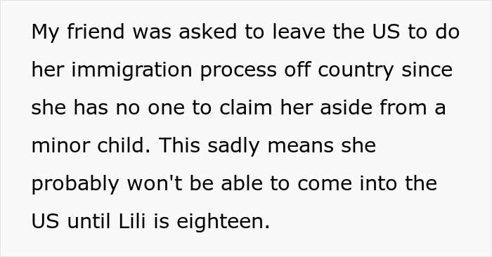 Text explaining the friend's immigration process, impacting the foster daughter and the woman's infertility.