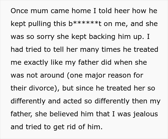 Mom and new BF entitled rules for son: Son tells mom about new BF's mistreatment, like his father. Mom and new BF entitled rules for son: Son tells mom about new BF's mistreatment, like his father.
