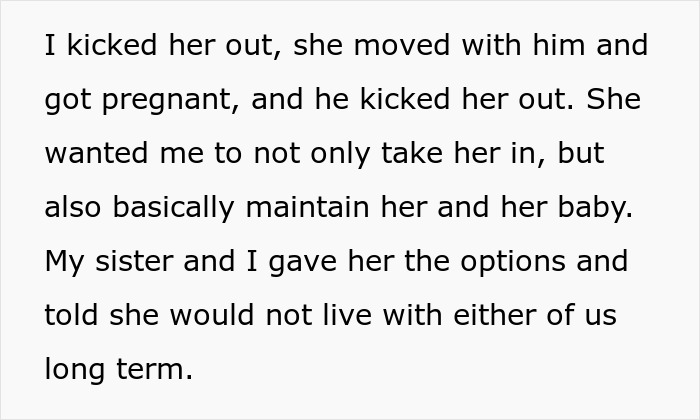 Image describing kicking out the half-sis who got pregnant and wanted the woman to care for her and baby.