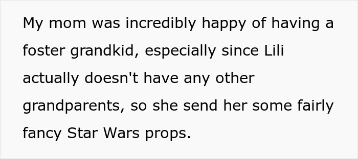 Text about a mom being happy to have a foster grandkid, receiving Star Wars props, related to a half-sister and her baby