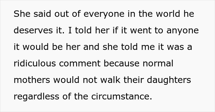 A screenshot of text about a bride's mom saying she cannot walk her down the aisle.