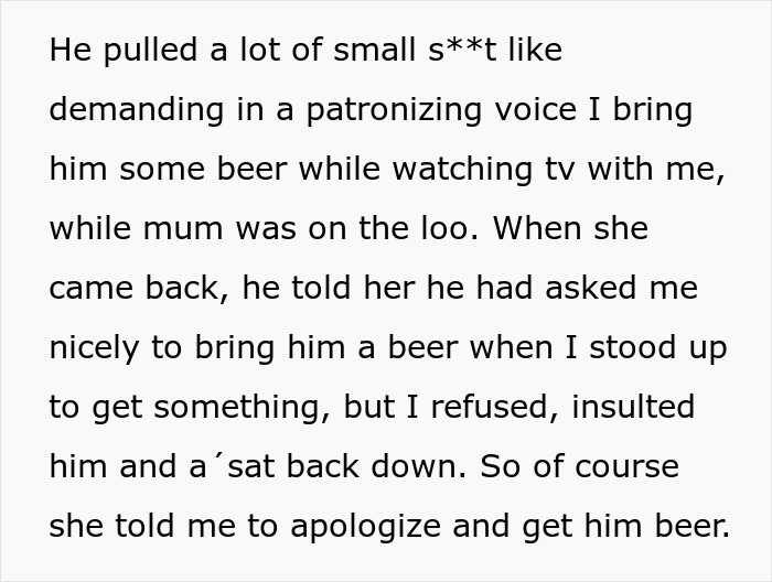 Text snippet describing an incident where the entitled new bf demanded a beer from son. Text snippet describing an incident where the entitled new bf demanded a beer from son.