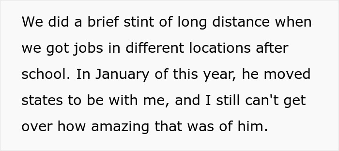 Screenshot of text about GF and BF doing long distance, then BF moving states for her.