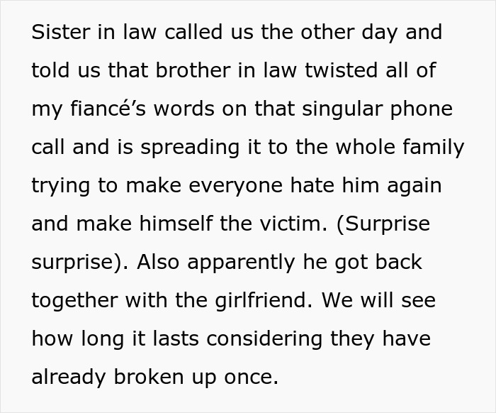 A screenshot of text about a wedding dispute, discussing a brother-in-law twisting words and spreading rumors. A screenshot of text about a wedding dispute, discussing a brother-in-law twisting words and spreading rumors.